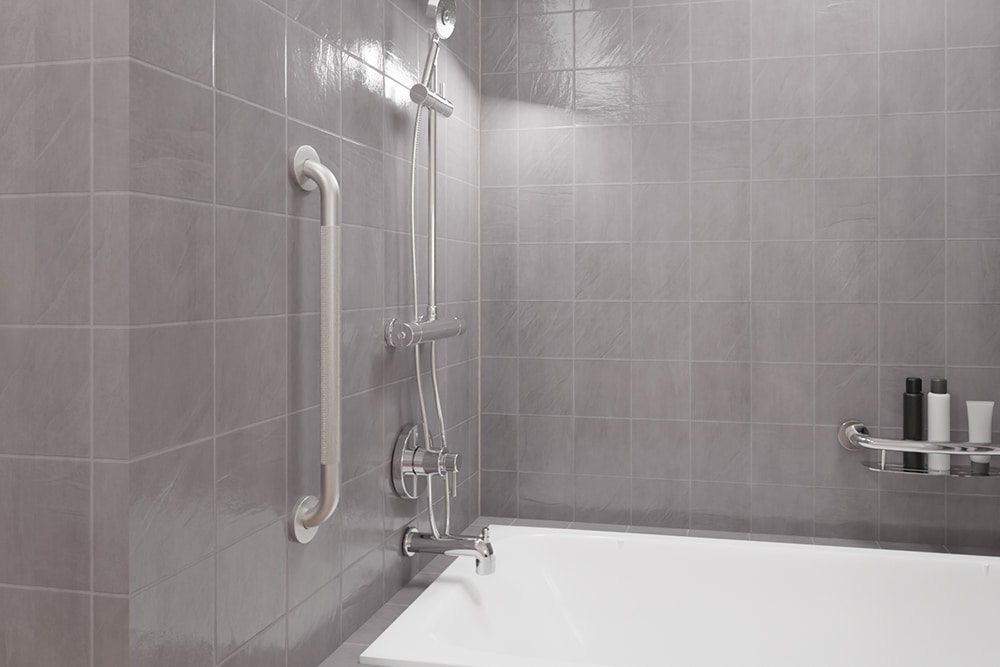 Vertical grab bar placed by the entrance to the shower to support a person entering and exiting a shower.