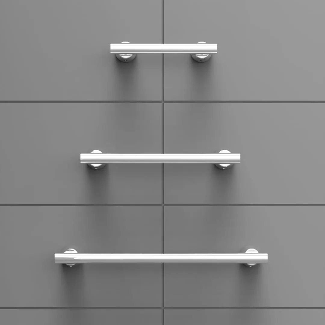 Illustration showing all 3 lengths of the Invisia Linear Bar on a tiled wall