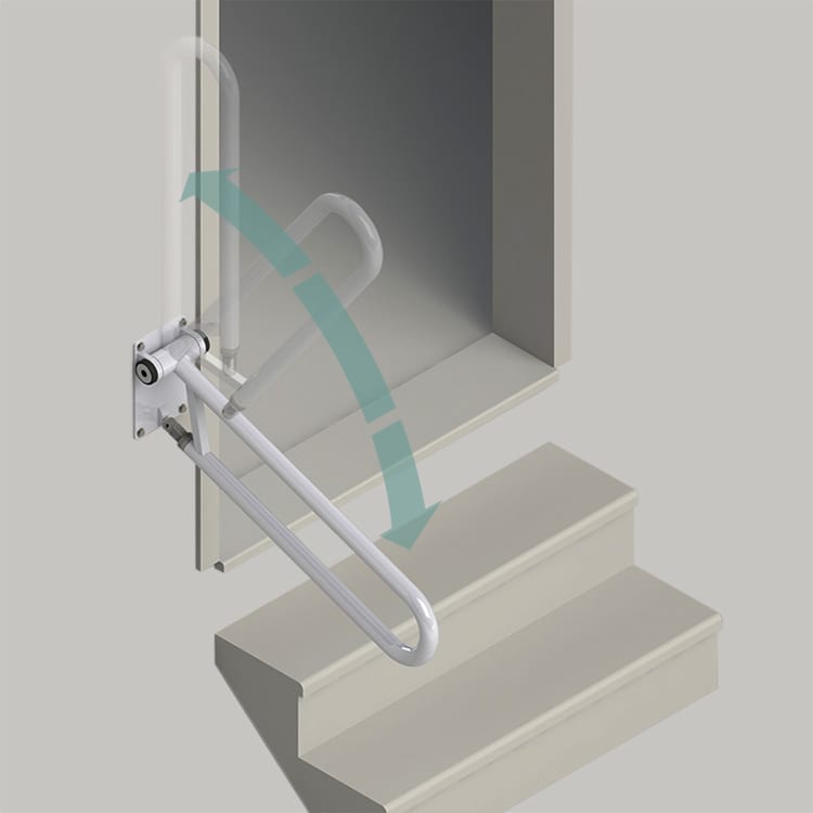 Image of the PT Rail Angled in context beside a set of stairs, and showing how it can fold up out of the way if needed