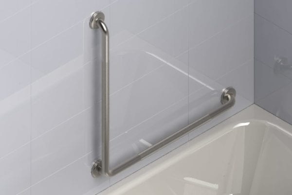 L-Shaped Grab Bar in knurled finish, installed on a tiled walled