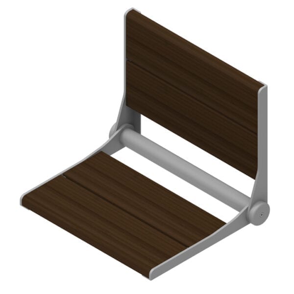 The Invisia 18" wide SerenaSeat with a powder coat grey frame and walnut bamboo wood