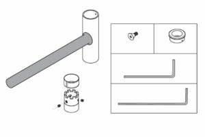 Illustrated diagram showing the parts included to install a SuperBar accessory on a HealthCraft SuperPole.