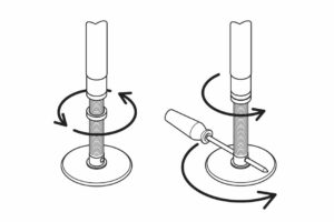 Illustrated diagram showing the lock nut at the base of the HealthCraft SuperPole being tightened to secure the assembly.