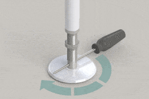 A jack extension screw at the base of the pole being used to increase or decrease its height to create a snug, secure fit between the floor and the ceiling.