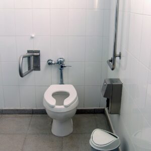 Photo of an institutional-looking accessible bathroom.