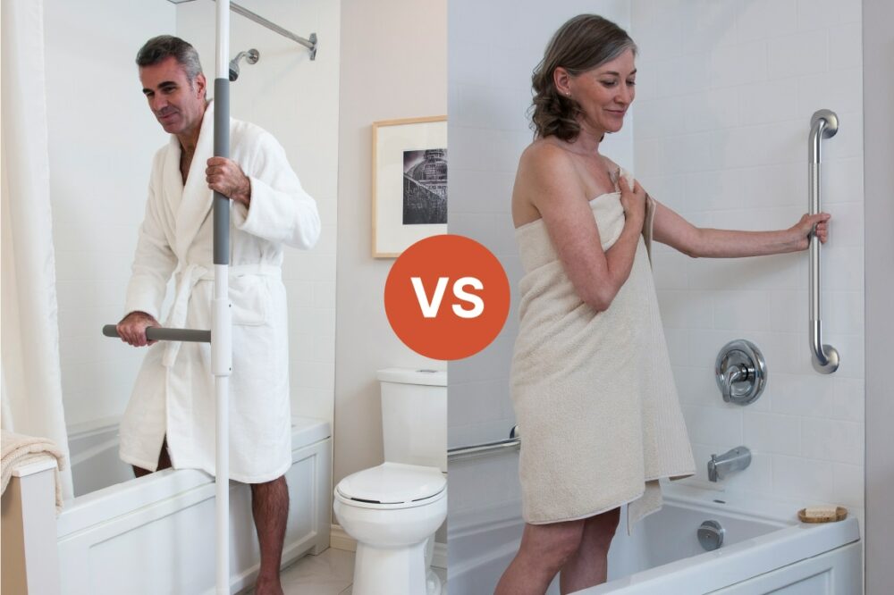 left: man holding a superpole entering the shower. Right, woman holding a grab bar exiting the bathtub