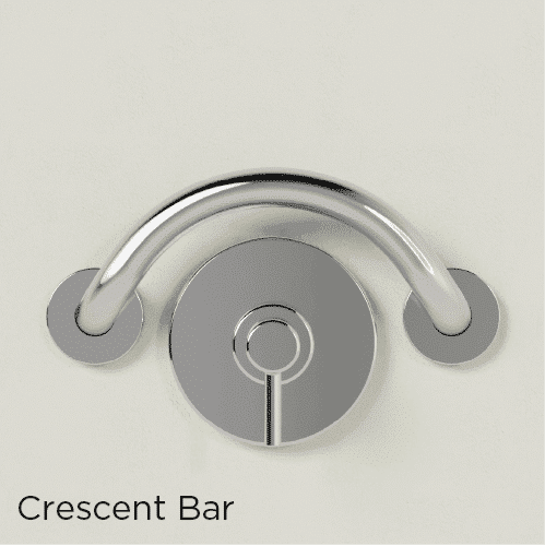 Curved grab bar around a shower control.