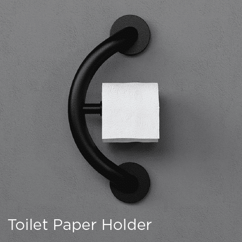 Toilet paper holder grab bar on a gray wall.