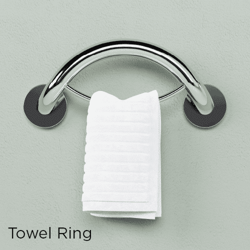 Towel Ring grab bar with a white towel on a light green wall.