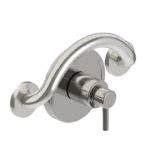 Brushed stainless steel PLUS crescent grab bar with a shower valve control.