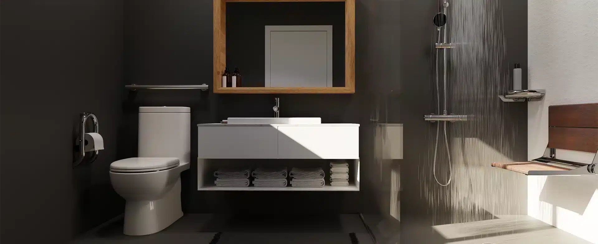 A modern bathroom made accessible with Invisia collection products.