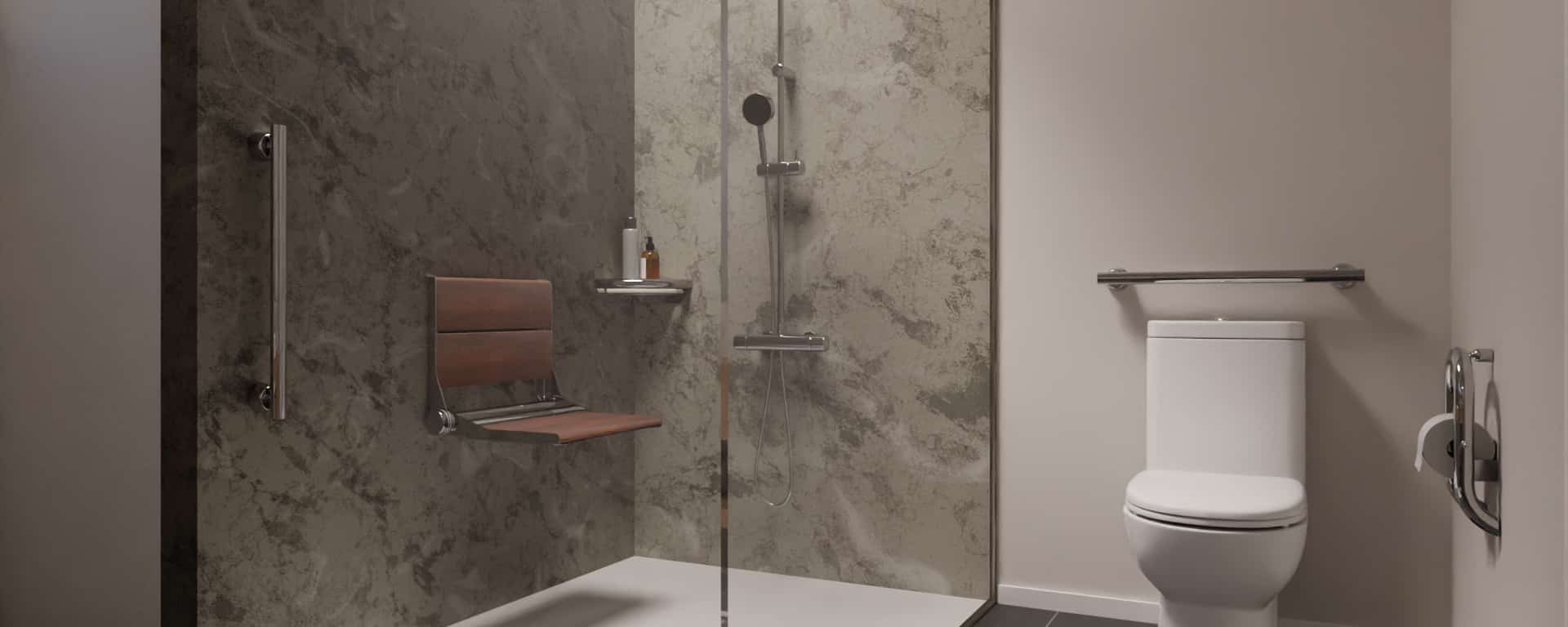 A bathroom with grab bars in the shower next to a wall-mounted seat and the toilet, and Invisia safety accessories next to the toilet and in the corner of the shower.