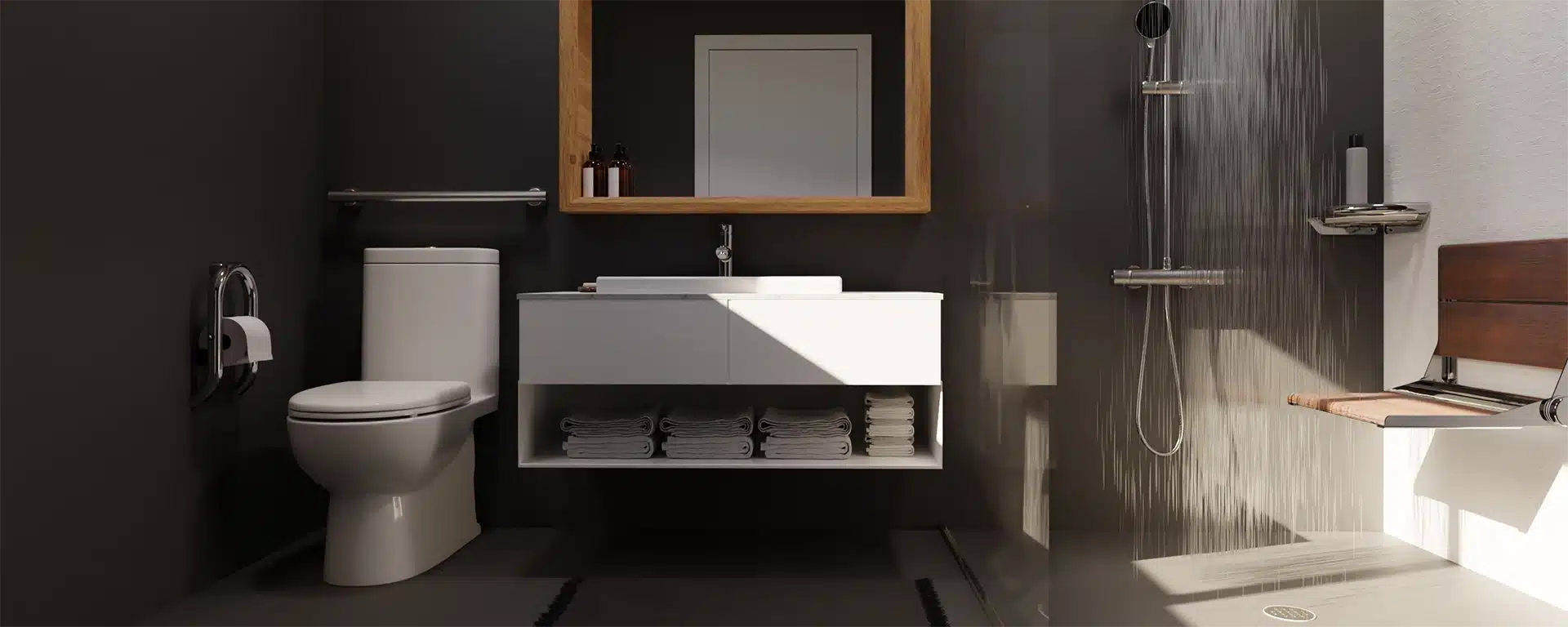 A dark bathroom with a wall-mounted seat in the shower and other safety accessories.