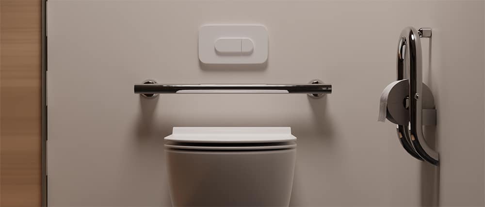A grab bar and toilet paper holder from Invisia provides support next to the toilet.